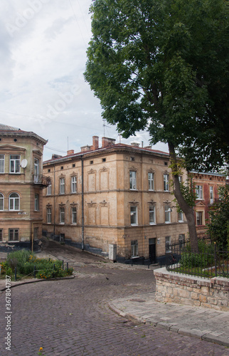 view of the old town in lviv ukraine, old street in lviv