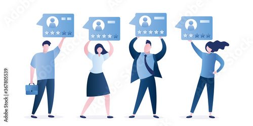 Various people holding messages boards with positive and negative reviews. Testimonials, customer feedback.