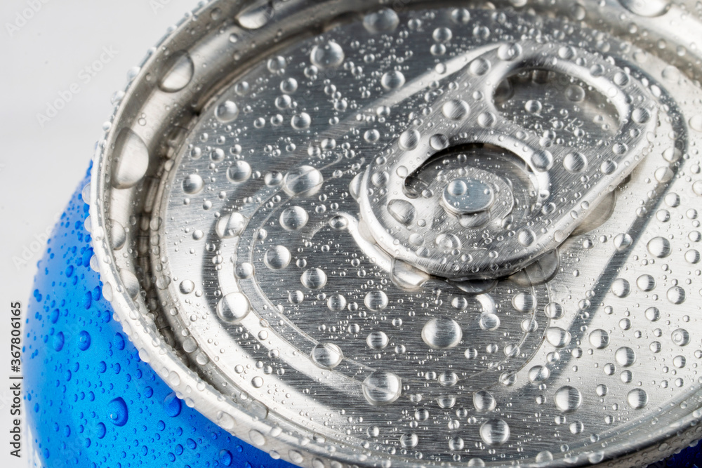 Closeup of soda or pop can with drops of water for fresshness Closeup of soda or pop can with drops of water for fresshness