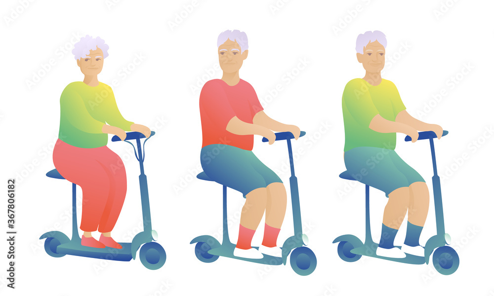 Elderly people on a white background. Grandma and grandpa riding an electric scooter. The concept of an active lifestyle.