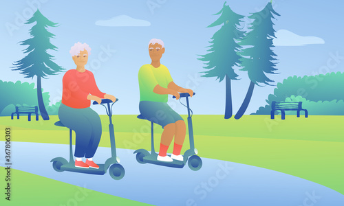 An elderly husband and wife ride electric scooters through the park. Grandparents lead an active lifestyle. Background from trees and bushes.