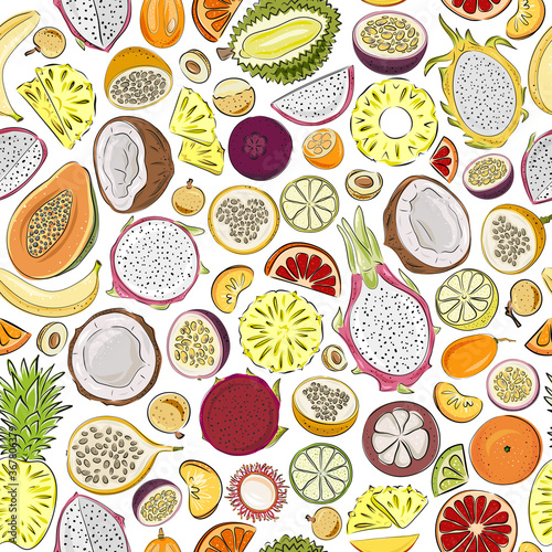 Seamless pattern with fruit - papaya, lemon, orange, tangerine, mango, mangosteen, rambutan, coconut, dragonfruit. passionfruit, banana, longan, kumquat, ananas, durian, maracuja on white background photo