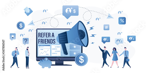Referral program. Refer a friends, web page. Customer attraction, loudspeaker to attract new followers or subscribers.
