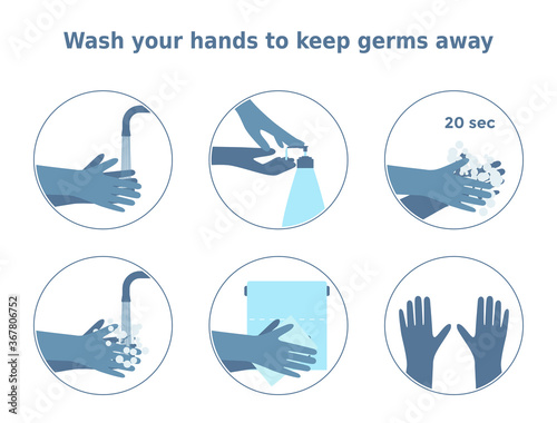 Vector illustration 'Wash your hands to keep germs away'. Set of 6 icons of washing hands step by step. Handwashing infographic for health posters, memos, banners.