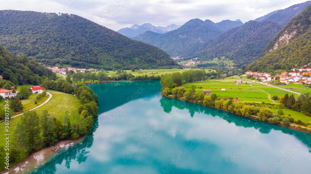 Aerial view of Most Na Soci lake in beautiful colors near Tolmin