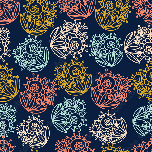 Seamless vector pattern of ornamental lined abstract flowers on dark background