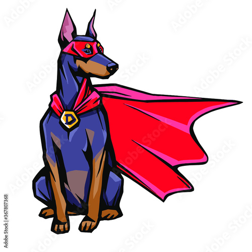 Doberman with secret superman mask and red cape. Superhero dog in costume. Animal comic hero. Cartoon concept stock vector illustration isolated on white background