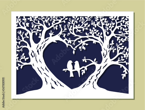 Valentines card. Trees silhouette. The wedding wish tree in the shape of a heart with couple bird. Variant of design of your family tree. Suitable for laser cutting. Die cut vector illustration.