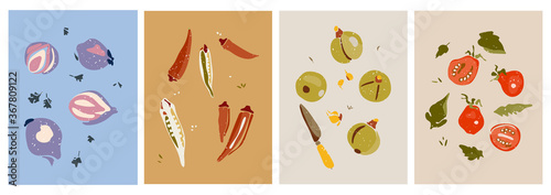 Set of hand drawn still lifes of vegetables. Summer, autumn harvest. Minimalist abstract backgrounds with pepper, zucchini, tomato, garlic, onion, herbs, leaves. Organic natural illustrations. 