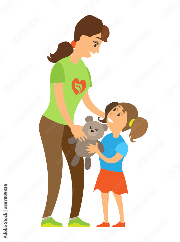 Volunteering woman caring to orphan girl, assistance giving toy to child, full length and portrait view of smiling volunteer and kid, helping vector Volunteering woman caring to orphan girl, assistance giving toy to child, full length and portrait view of smiling volunteer and kid, helping vector