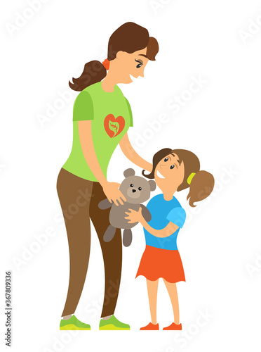 Volunteering woman caring to orphan girl, assistance giving toy to child, full length and portrait view of smiling volunteer and kid, helping vector