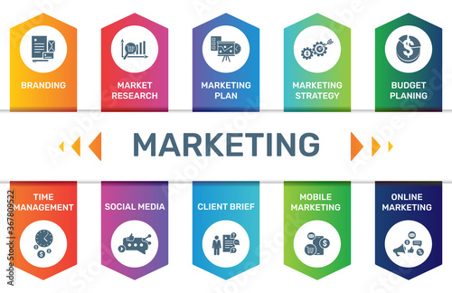 Vector Infographic template Marketing data visualization. 10 step options. Can be used for process diagram, presentations, workflow layout, banner with MARKETING icons