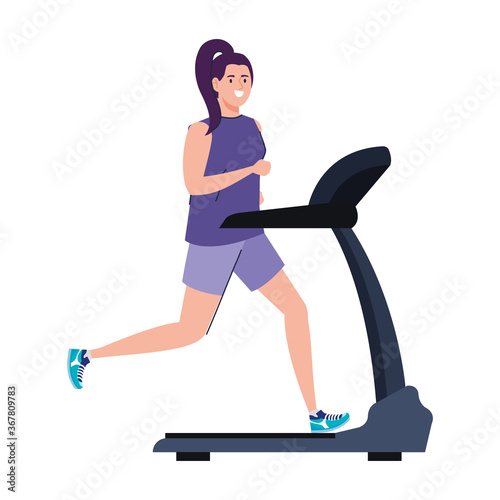 woman running on treadmill, ectrical training machine on white background