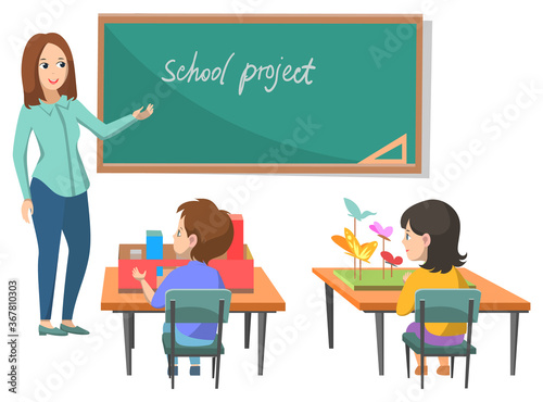 Project vector, teacher explaining discipline to kids style. Education of children elementary grade, boy girl sitting with handmade items, back to school concept. Flat cartoon