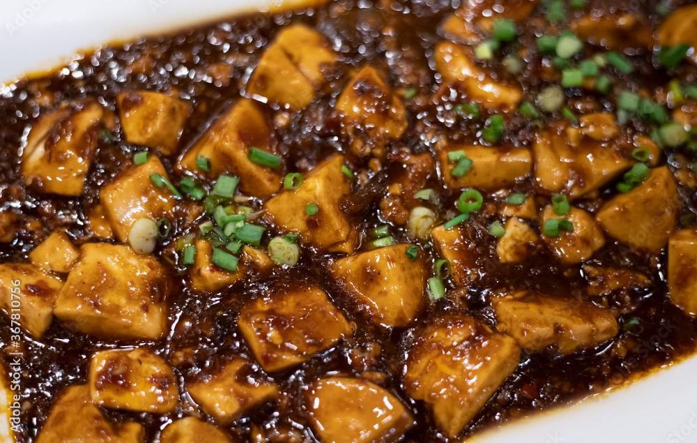 Closed up of Mapo tofu recipe, a popular Chinese dish consist of tofu set in a spicy saucei, along with minced meat, traditionally beef. serving on white plate. Closed up of Mapo tofu recipe, a popular Chinese dish consist of tofu set in a spicy saucei, along with minced meat, traditionally beef. serving on white plate.