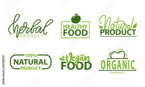 Natural food vector, ecological hers and vegetarian meal foliage and leaves of plants, greenery logos with inscriptions and decorative elements set