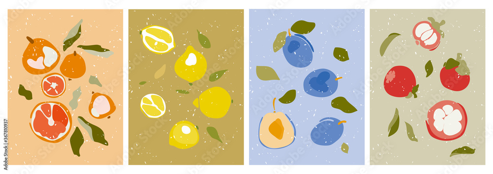 Set of summer still lifes of fruits. Hand drawn plum, mangosteen, lemon, orange, leaves. Funny cute bright organic backgrounds for social media, blogging, stories, app design, web.