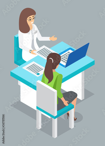 Consultation with doctor. Woman patient sitting at chair, talking with doctor. Doctor woman sitting at table with laptop. Checking health in doctor in clinic. Therapist or physician consultation