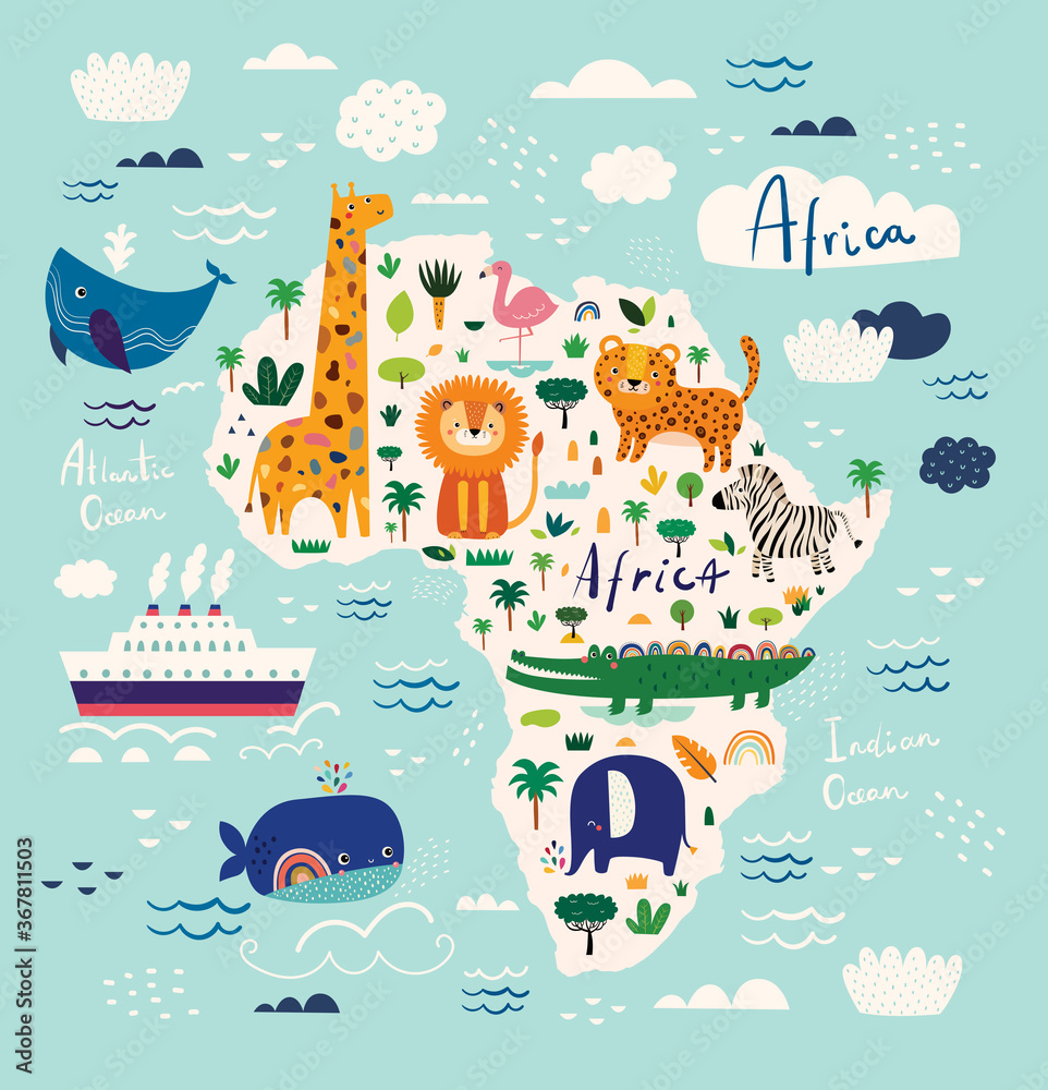 Map of Africa. African animals leopard, lion, giraffe, crocodile, zebra, flamingo, elephant. Childish print with wild animals - obrazy, fototapety, plakaty 