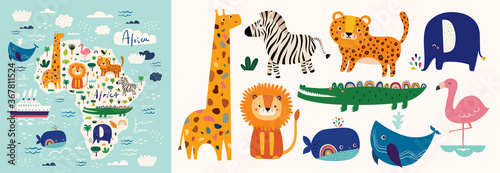 Map of Africa. Set of Animals. African animals leopard, lion, giraffe, crocodile, zebra, flamingo, elephant. Childish print with wild animals