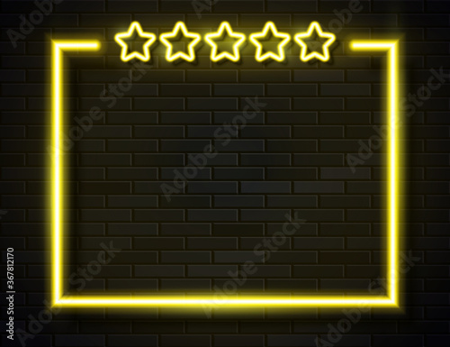 Vector Retro Neon Five Stars Ranking Frame on Dar Background.