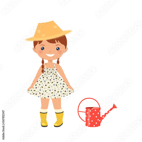 Chibi girl character in rustic dress and rubber boots. Isolated on white background.