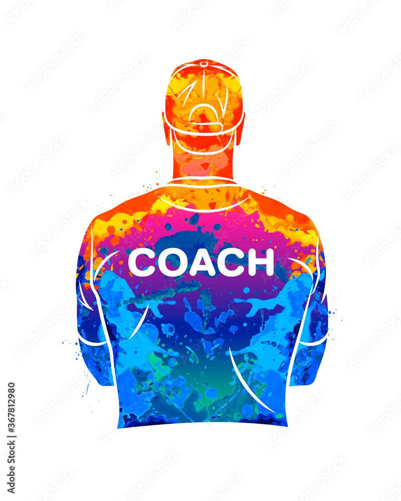 Abstract sports coach stands with his back in a T-shirt and baseball cap.  Background for sports or coaching theme from splash of watercolors. Vector  illustration of paints Stock Vector | Adobe Stock