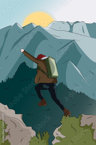 Jumping man landscape with big mountains in the background. Sunset mountainous landscape vector illustration for background or art concept.