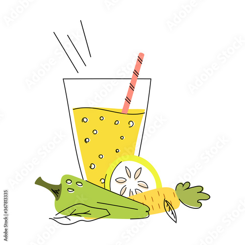 Hand drawn vector illustration of a glass with juice, smoothie on a white background.  Peppers, carrots, sliced ​​lemon, leaves. Detox.  Clipart.
