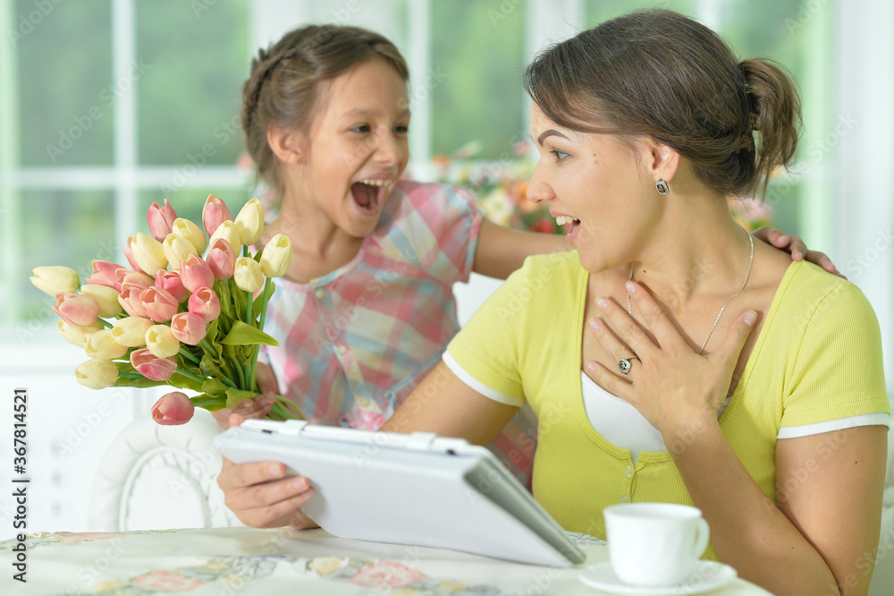 Cute girl prepared surprise to her mother Cute girl prepared surprise to her mother