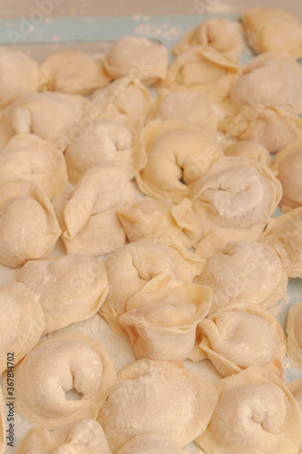 Homemade dumplings are put together on a Board in the kitchen