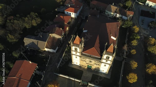 Beautiful church in Outeiro, Portugal. Aerial Drone Footage photo