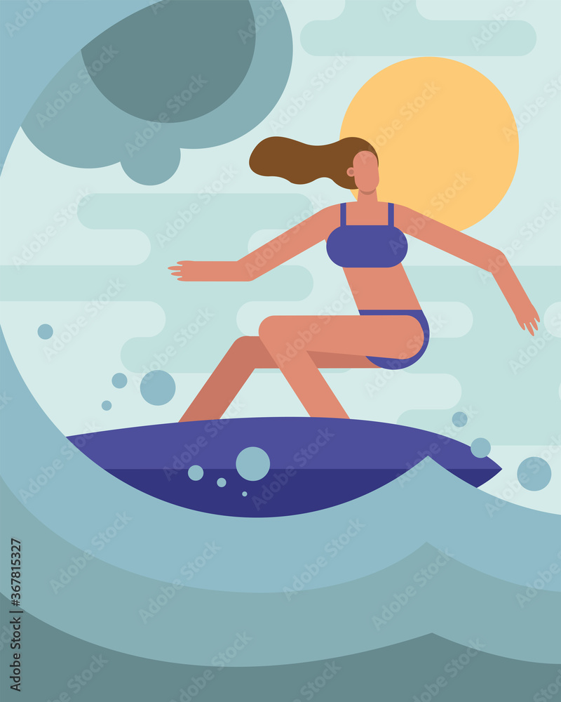 young woman wearing swimsuit surfing character young woman wearing swimsuit surfing character