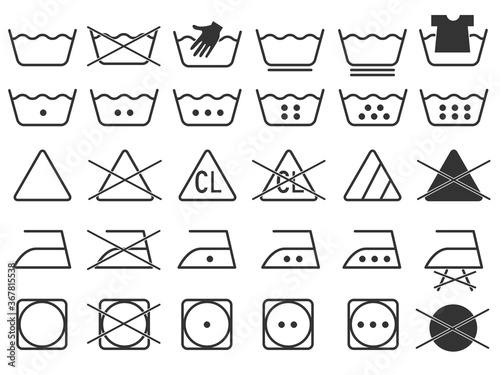 black monochrome simple laundry symbols round or curved style icons set element for USA garment industry flat vector design