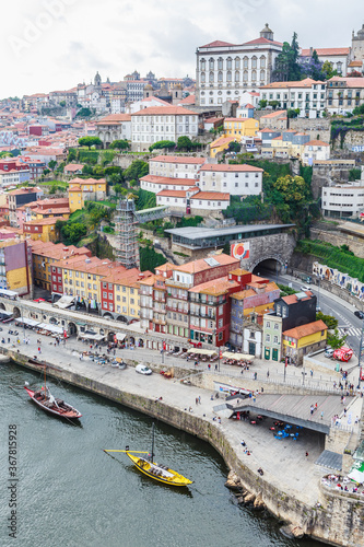 View of the historic town centre of Porto with the Rio Duoro River  from Dom Luis I bridge, Porto, Portugal.