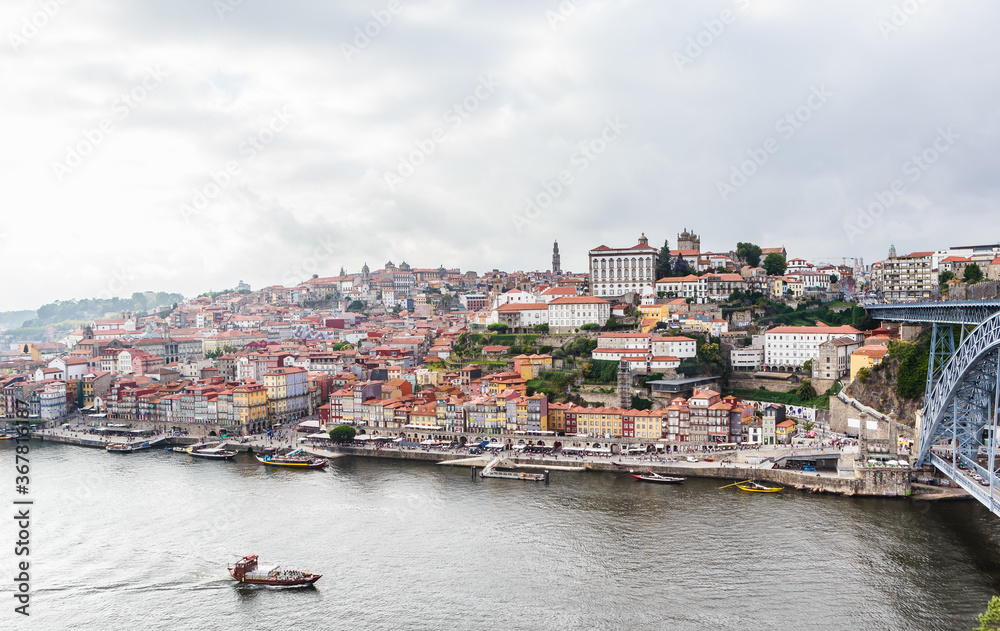 View of the historic town centre of Porto with the Rio Duoro River.   Porto, Portugal.