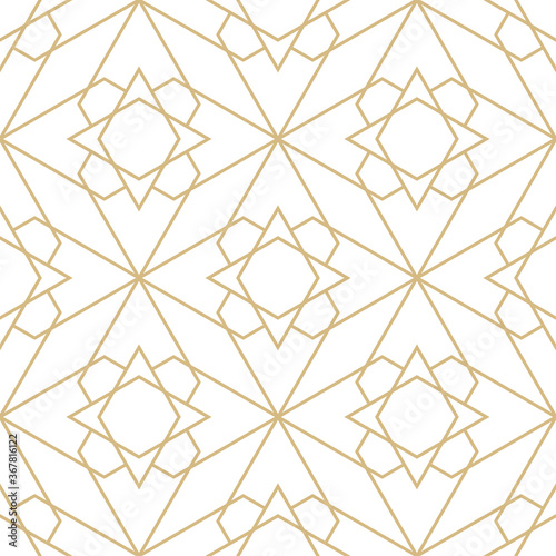 Delicate pattern in islamic style. Seamless arabic geometric vector texture. Ornamental backgroung in gold and white
