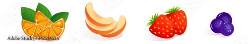 A set of vector illustrations of berries and fruits - orange slices, peach slices, strawberries, blueberries. Berries and fruits for labels, logo, menus and website, advertising, icons for printing