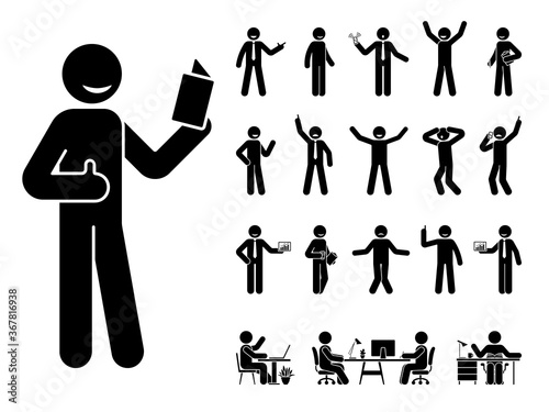 Stick figure man different poses, emotions face design vector icon set. Reading, talking, happy, sad, surprised, amazed, angry, standing, sitting at office stickman person on white photo