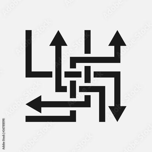 Direction arrows sign. Movement in an unknown or alternative path. Uncertainty choice. Intersection of opportunities vector icon.