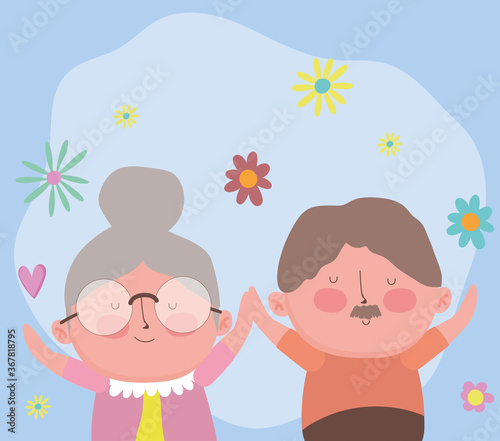 happy grandparents day, funny elderly couple with flowers cartoon