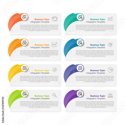 Art & Illustration, Modern infographics business design with 8 option concepts, parts, steps or processes can be used for workflow layout, diagram, number options, web design. infographic element.