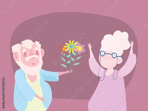 happy grandparents day, old grandfather giving flower to grandma cartoon