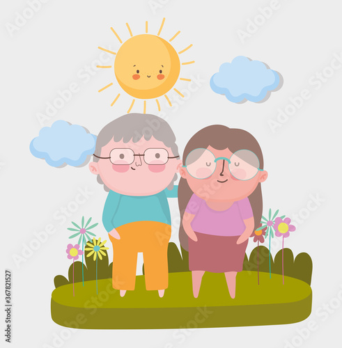 happy grandparents day, elderly couple standing grass flowers landscape cartoon