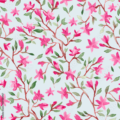 Magnolia pink flowers branch watercolor painting - hand drawn seamless pattern on light blue