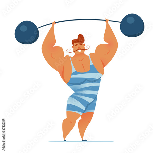 Strongman in a striped suit with a barbell in his hands. Circus performance. Vector illustration of a smiling healthy athlete.