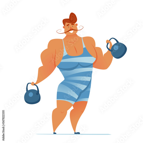 Strongman in a striped suit with a kettlebells in his hands. Circus performance. Vector illustration of a smiling healthy athlete.