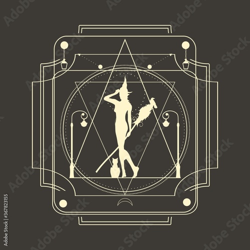 Mystical geometry symbol. Linear alchemy, occult, philosophical sign with silhouette of witch
