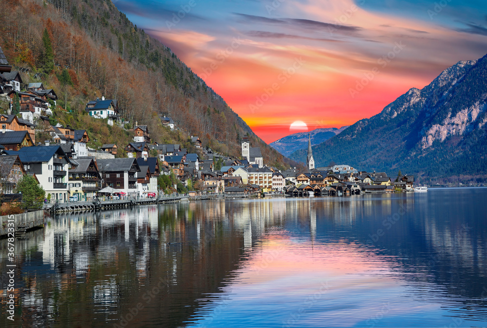 Hallstatt village in Austrian Alps at sunset with twilight sky