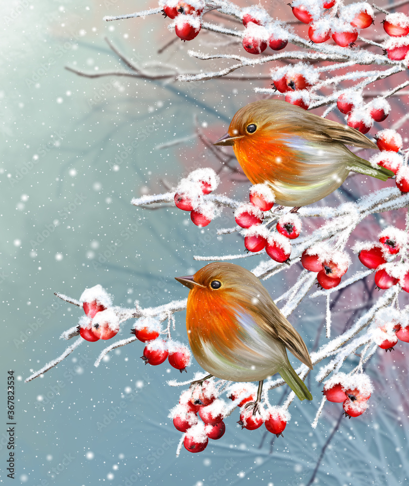 Winter Christmas background, two yellow little tit birds sit on a snowy branch, snowfall, clusters of berries, evening lighting.